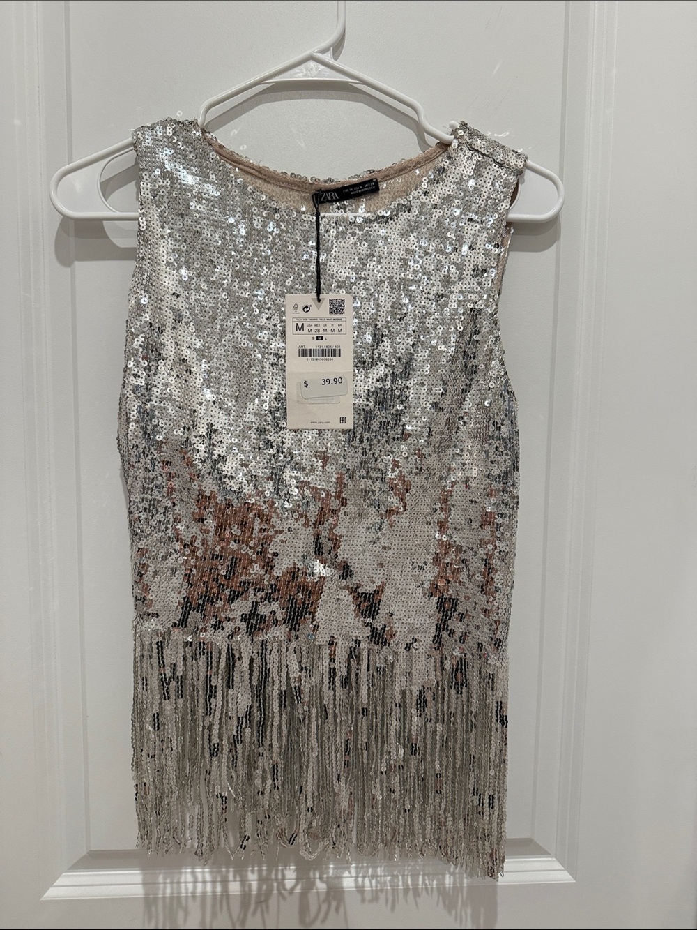 ZARA Silver Sequin Fringe Mini Dress with Rose-Gold Accents